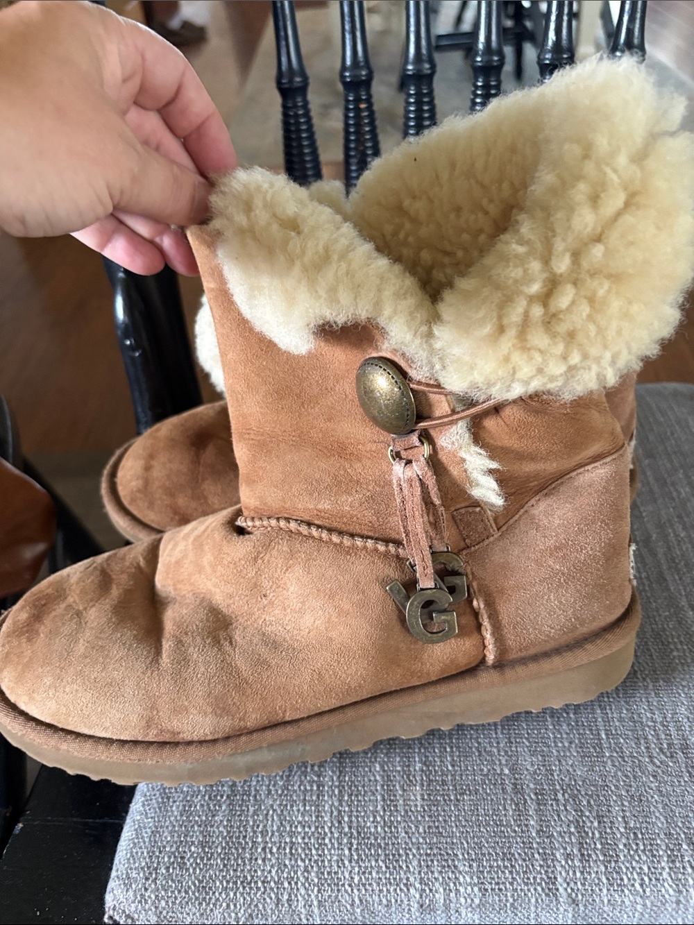 UGG Chestnut Suede Ankle Boot with Metal Logo Charm